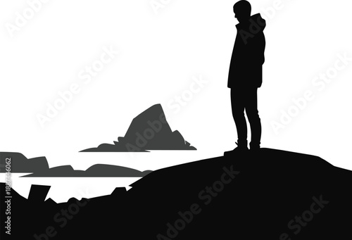 Silhouette landscape, person on hill, nature view, black and white, thoughtful pose, scenic horizon, outdoor solitude, dramatic contrast, peaceful moment, reflection art