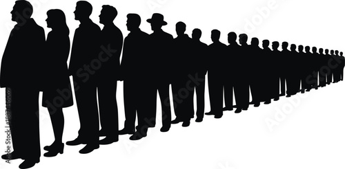 Queue silhouette, people standing, waiting line, black vector, social behavior, crowd formation, depth perspective, orderly scene, human figures, public space