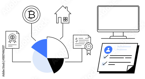 Pie chart linking cryptocurrency, real estate, certificates, and financial documents near a computer screen. Ideal for finance, investment, asset, cryptocurrency, analytics blockchain strategy