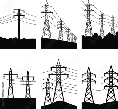 Transmission tower silhouettes, power lines, electrical grid, high voltage structures, black vector, infrastructure design, energy network, utility poles, landscape elements