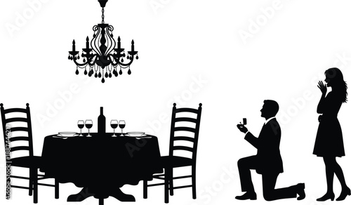 Romantic, dinner, proposal, silhouette, couple, engagement, ring, restaurant, love, marriage, candlelight, romance, date, elegant, celebration, valentine, relationship, wedding, happiness, commitment