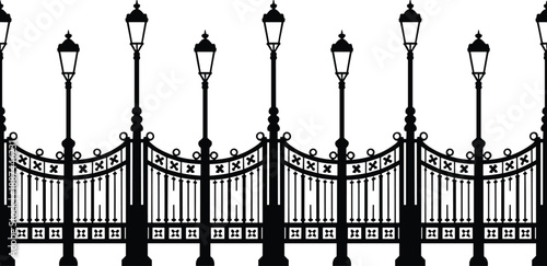 Vintage wrought iron fence, ornate lamp posts, symmetrical design, elegant architecture, historical style, public square, decorative metalwork, classic lanterns