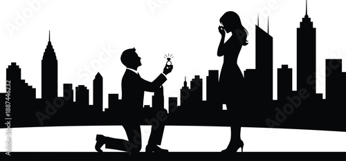 Romantic, marriage, proposal, silhouette, couple, engagement, ring, love, cityscape, skyline, evening, romance, relationship, commitment, celebration, wedding, moment, urban, night, happiness