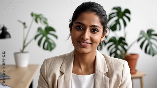 Indian Businesswoman Smiling Sincerely While Looking Down in an Office Setting