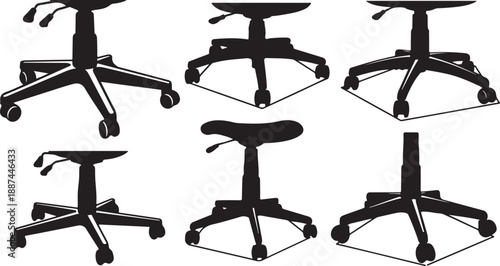 Multiple views of a black office chair on wheels