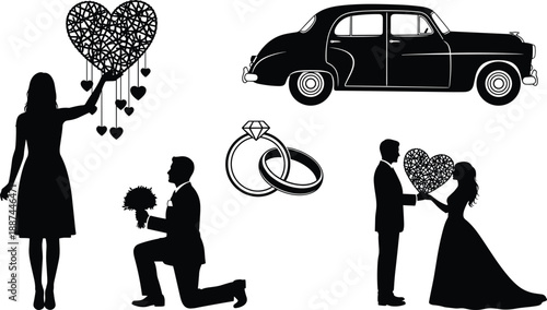 Romantic, silhouette, couple, love, engagement, proposal, wedding, ring, hearts, car, marriage, romance, relationship, valentine, celebration, illustration, elegant, classic, happiness, together