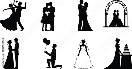 Romantic, wedding, silhouette, couple, love, marriage, engagement, proposal, bride, groom, celebration, romance, relationship, happiness, valentine, dance, ceremony, illustration, elegant, together