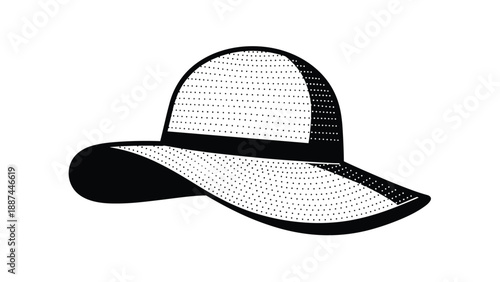 Classic wide brimmed straw sun hat sketch in black and white stippling style isolated on a plain white background.
