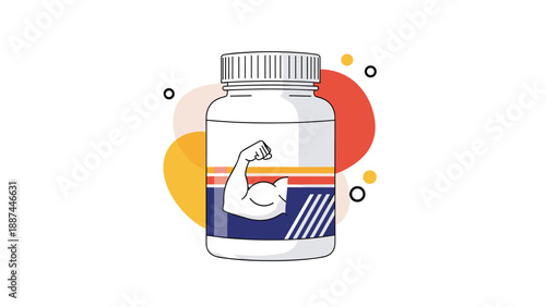 Plastic white supplement bottle with a muscular arm logo on the label isolated against a colorful abstract background.