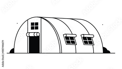 Simple black and white line drawing of a large rounded quonset hut building with windows and an open door.