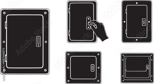 Black and white illustration of various safe lock designs