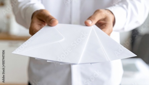 Man in white shirt holding stack of white envelopes in hand offering mail or documents indoors with soft daylight background
