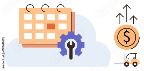 Productivity, financial growth, scheduling, resource management, efficiency, business plans. A calendar with a gear, dollar symbol and forklift. Productivity and financial growth concepts
