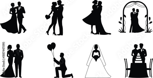 Wedding, silhouette, couple, love, romance, marriage, engagement, proposal, bride, groom, celebration, ceremony, dance, happiness, relationship, elegant, romantic, illustration, valentine, together