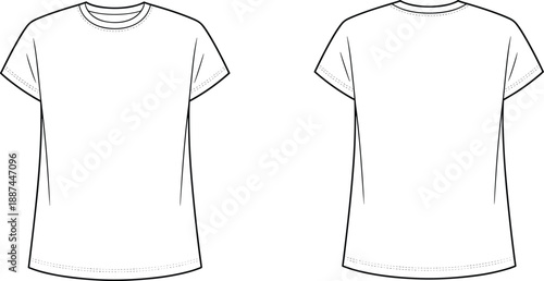 Tshirt, template, front, back, view, technical, drawing, fashion, design, clothing, apparel, garment, pattern, outline, vector, illustration, mockup, textile, sketch, casual