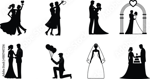 Wedding, silhouette, couple, love, romance, marriage, engagement, proposal, bride, groom, celebration, ceremony, dance, happiness, relationship, elegant, romantic, illustration, valentine, together