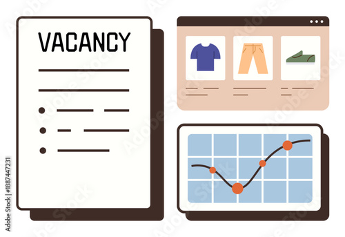 Recruitment notices, e-commerce, retail marketing, business analytics, job applications, employment opportunities. Vacancy notice with e-commerce platform and data chart. Recruitment and e-commerce