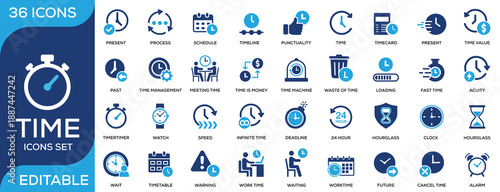 Time management and scheduling solid icon set featuring clock, deadline, timeline, punctuality, stopwatch, work time, meeting time, alarm, and time tracking. Clean flat vector icons for productivity t