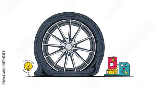 Illustration of a car wheel with a flat tire and repair tools like a jack and air pump on a white background for auto service.
