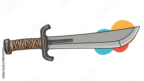 Fantasy falchion sword with a brown leather wrapped handle and gold accents isolated on a white background for gaming art.