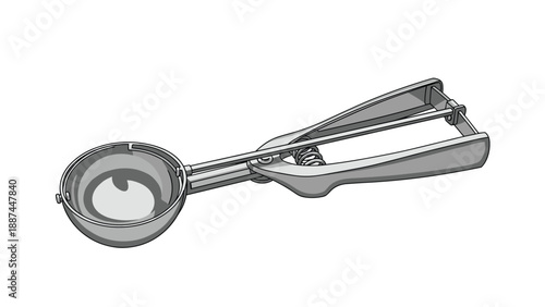 Professional metal ice cream scoop with a spring action lever handle isolated on a plain white background for kitchen use.