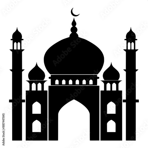 Minimalist Islamic crescent moon mosque silhouette, black vector illustration, mosque inside moon, lanterns hanging below, clean white background, elegant spiritual design