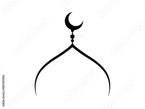 Minimalist Islamic crescent moon mosque silhouette, black vector illustration, mosque inside moon, lanterns hanging below, clean white background, elegant spiritual design