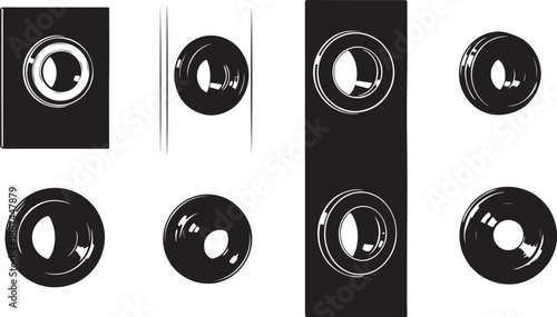 Black and white camera lens icons on clean backgrounds