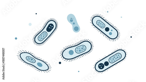Collection of various microscopic blue bacteria or microorganisms floating on a clean white background for science study.