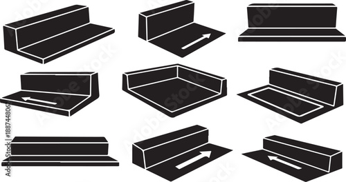 Various 3D black rectangular box shapes and angles illustration