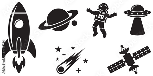 Collection of space-themed icons including a rocket, planet, astronaut, UFO, comet, and satellite.