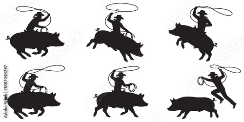 Silhouette of a cowboy riding a pig and throwing a lasso, depicting a humorous rodeo scene.