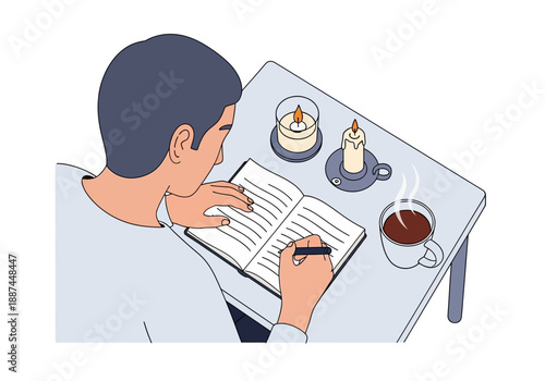 Man Writing in a Notebook by Candlelight with Coffee on Table