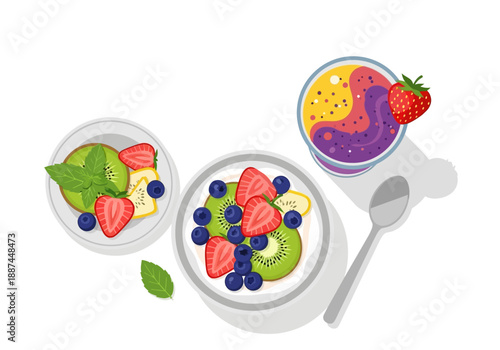 Colorful Fruit Bowls and Smoothie Bowl with Spoon