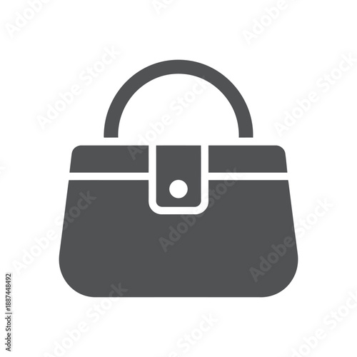 Simple black and white icon of a classic handbag with a handle