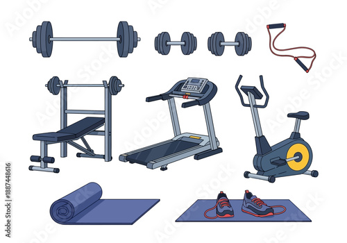 Illustrated Gym Equipment Set with Barbell, Dumbbells, Treadmill, and Exercise Bike