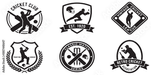 Collection of six vintage and retro cricket club emblems and logos with bats, balls, and players in silhouette.