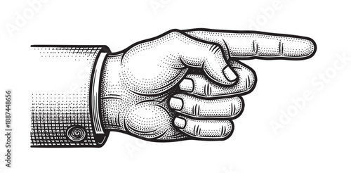 Pointing hand sketch. Forefinger, index finger. Vintage, retro vector illustration