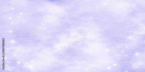 An abstract blue Christmas background features fluffy white snowflakes drifting through a bright sunlit sky filled with beautiful clouds and a clear ethereal atmosphere