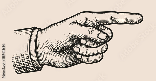 Pointing hand sketch. Forefinger, index finger. Vintage, retro vector illustration