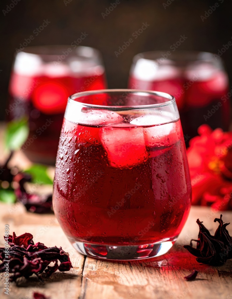 custom made wallpaper toronto digitalRefreshing deep red hibiscus iced tea with ice cubes in a clear glass on a rustic wooden table with dried hibiscus flowers and green leaves in soft lighting