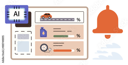 Vehicle diagnostics, AI technology, predictive maintenance, automotive alerts, data visualization, road safety. Interface showing car, oil level tire monitoring. AI and vehicle diagnostics concept