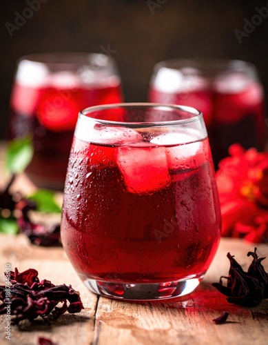 Wallpaper Mural Refreshing deep red hibiscus iced tea with ice cubes in a clear glass on a rustic wooden table with dried hibiscus flowers and green leaves in soft lighting Torontodigital.ca
