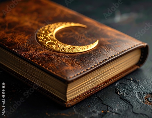 Wallpaper Mural Antique Brown Leather Journal With Gold Crescent Moon Emblem On Textured Dark Surface Dramatic Lighting Torontodigital.ca