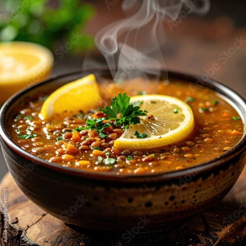 Wallpaper Mural Steaming Bowl of Hearty Lentil Soup Garnished with Fresh Parsley and Lemon Slices on a Rustic Wooden Surface With Blurred Background Torontodigital.ca