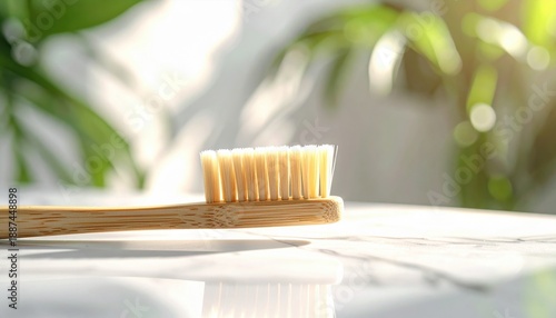 Wallpaper Mural Eco-friendly Bamboo Toothbrush with Natural Bristles on a White Marble Surface with Soft Green Foliage and Sunlight Highlights Torontodigital.ca