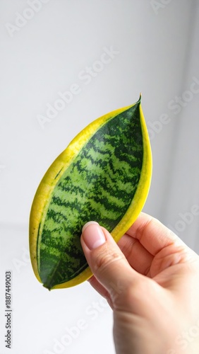 Wallpaper Mural Hand Holding Vibrant Green Snake Plant Leaf with Yellow Edges Against a Soft White Background Torontodigital.ca