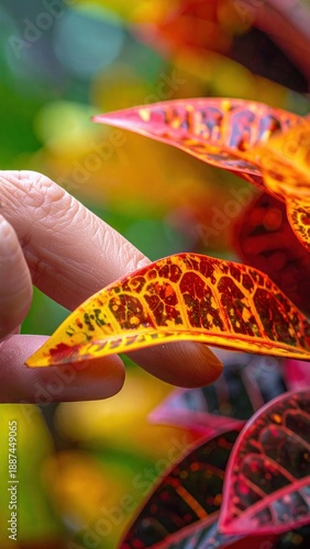 Wallpaper Mural Finger Touching Vibrant Red Yellow and Green Croton Plant Leaves With Detailed Veins In Natural Sunlight Soft Focus Background Torontodigital.ca