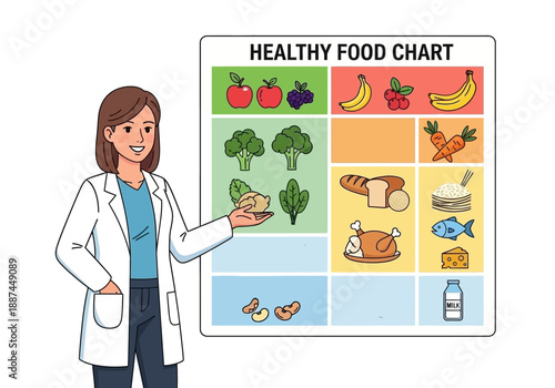 Cartoon Woman Presenting Healthy Food Chart with Fruits, Vegetables, Proteins, and Dairy