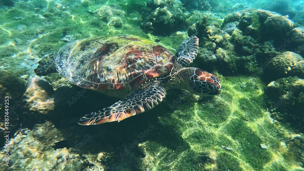 Fototapeta premium Close up view of a Green sea turtle or Chelonia mydas among the coral reef, bathed in sunlight in clear ocean waters. Apo Island. Dauin, Negros Oriental, Philippines